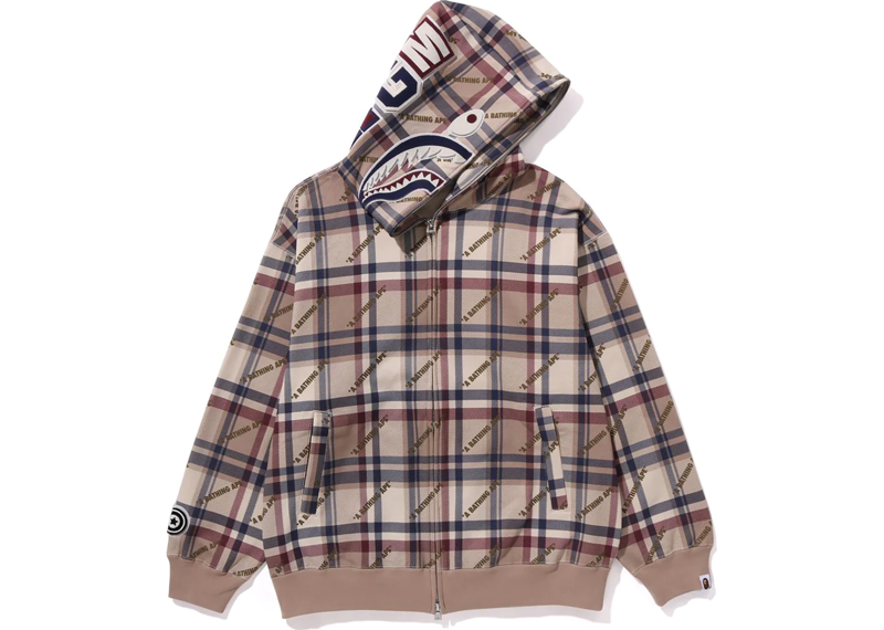 BAPE Logo Check Pattern Shark Full Zip Hoodie Beige