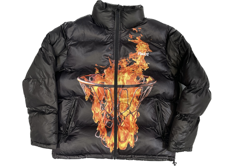 Rokit puffer jacket black basketball print