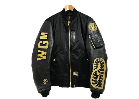 Mens 15Aw A Bathing Ape Black Leather Ma-1 Bape Military Jacket