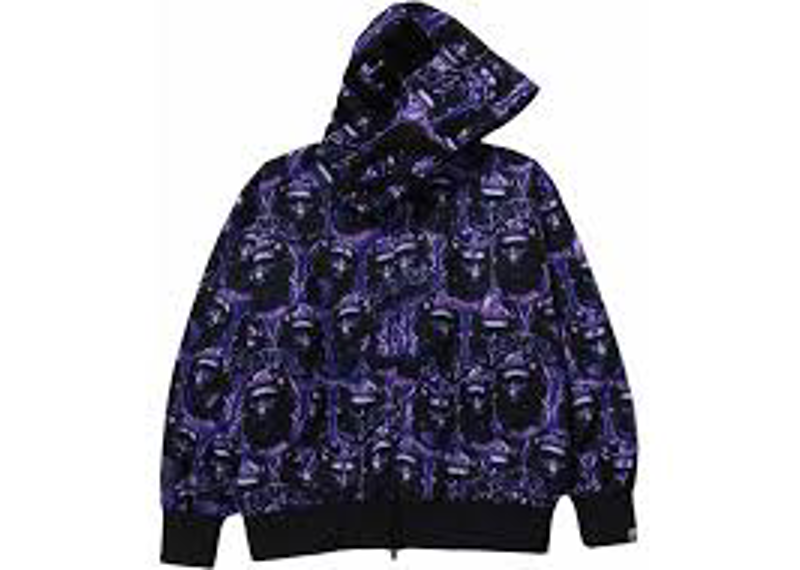 BAPE Ape Head Relaxed Fit Graffiti Full Zip Shark Hoodie Purple